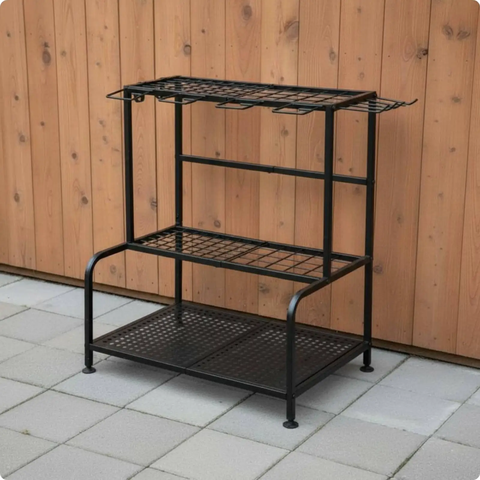 Metal Garden Tool Rack Adjustable Feet Garden Storage Rack Anti-Tip Design Multi-Tier Tool Holder for Patio, Shed