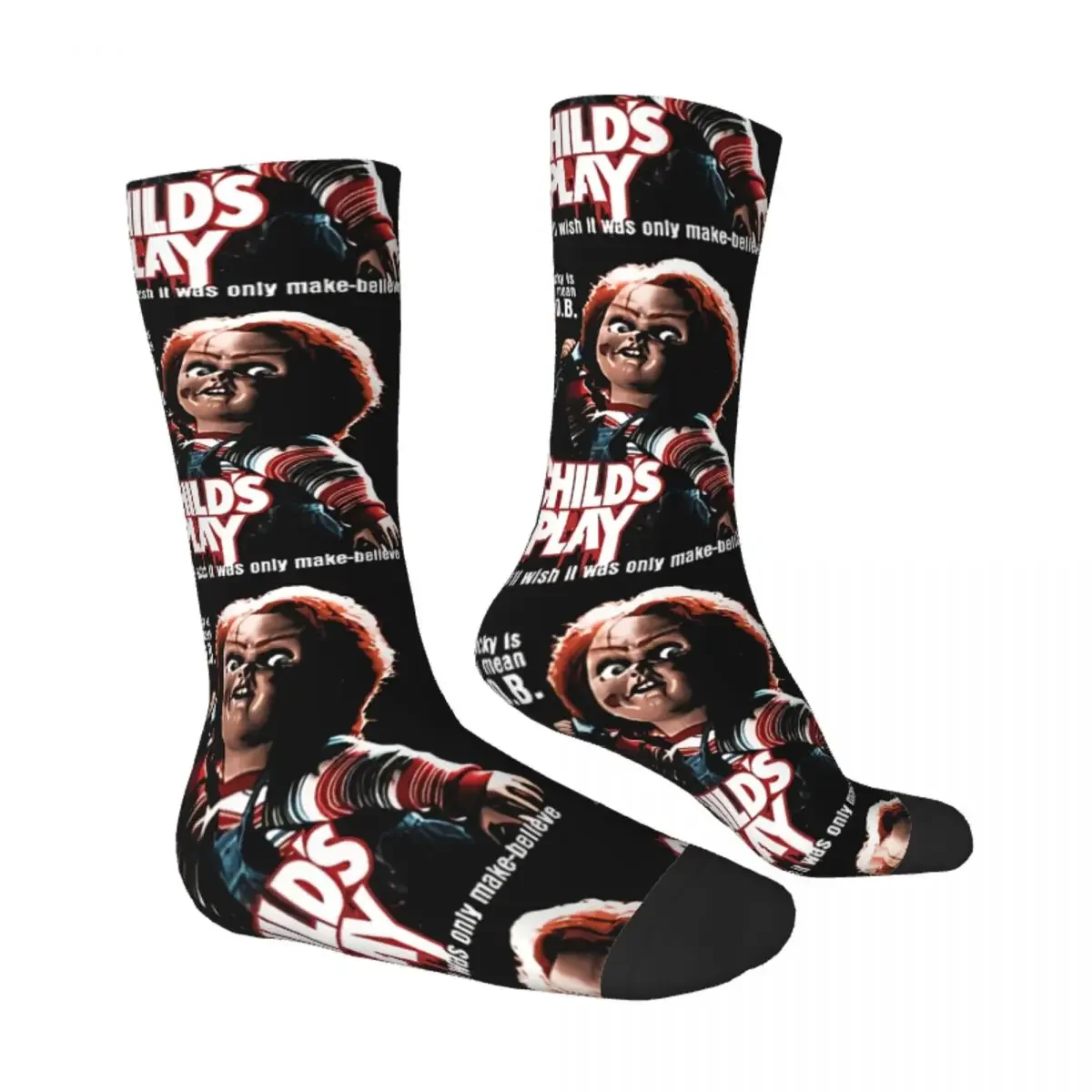 Funny Crazy Sock for Men Child's Play Hip Hop Vintage Horror Movies Seamless Pattern Printed Boys Crew Sock Novelty Gift