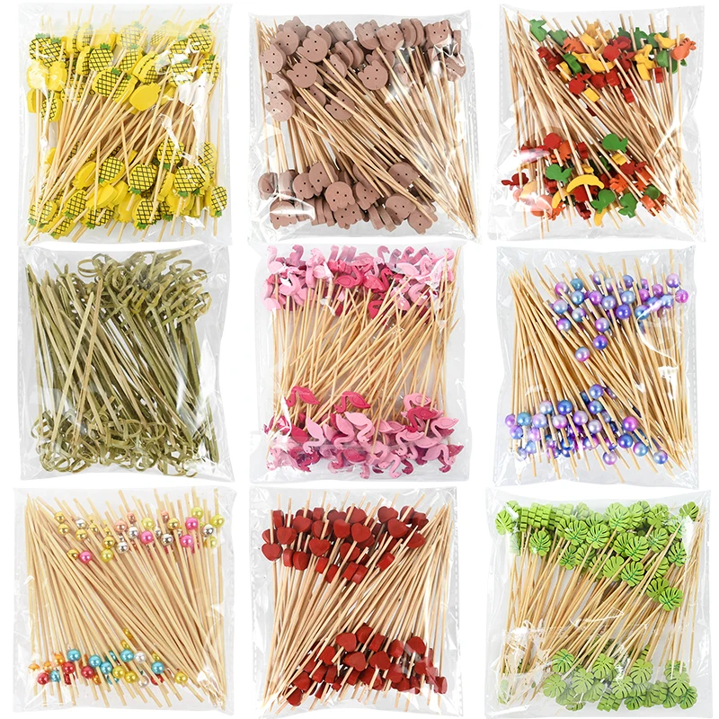 100Pcs Disposable Bamboo Skewer Hawaiian Flamingo Pearl Cocktail Picks Buffet Food Fruit Forks For Wedding Birthday Party Decor