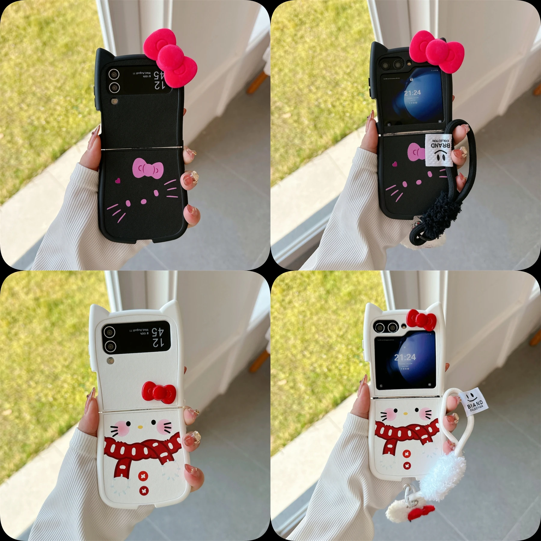 

Fashion Sanrio Hello Kitty 3D Cat Ear phone case For Samsung Galaxy Z Flip 7 6 5 4 3 With Plush Lanyard Bowknot Anti-drop Cover