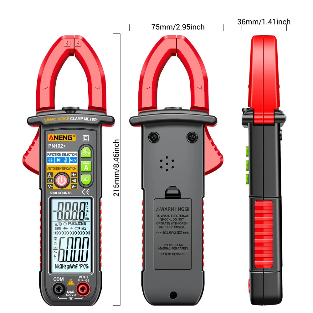 PN102+ Smart Voice Clamp Meter 6000 Counts Auto Ranging Mulitimeter Clamp AC/DC Voltage Meter Diode Hz Current Tester