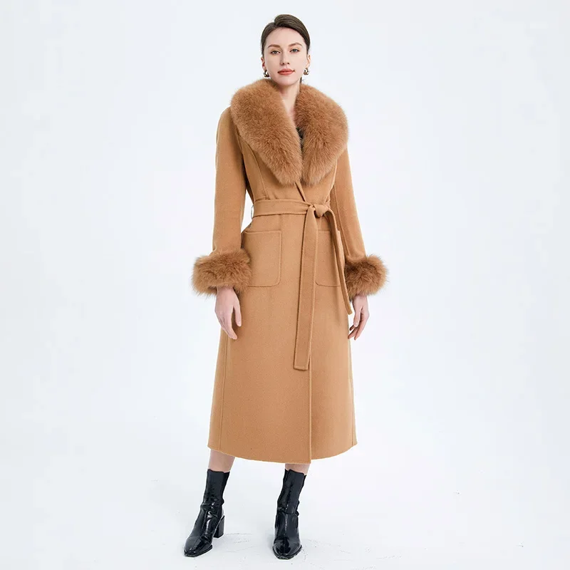 

2024 New Wool Coats For Women Autumn Winter Trench Coats With Fox Collar Cuff Full Sleeve Belt Long Outerwear QN5442