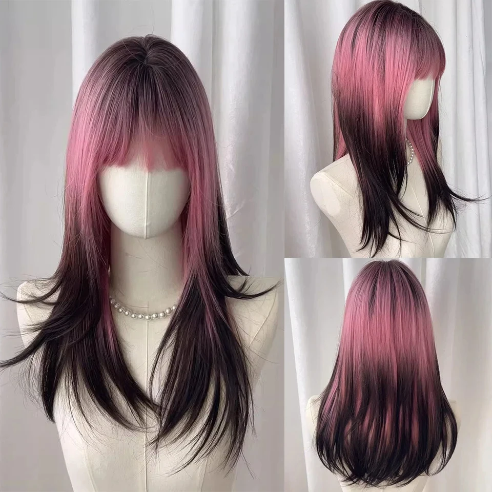 

EASTSECRET Female Synthetic Wig Full Head Pink Gradient Black High-level Feeling Long Straight Hair Full Head Cover