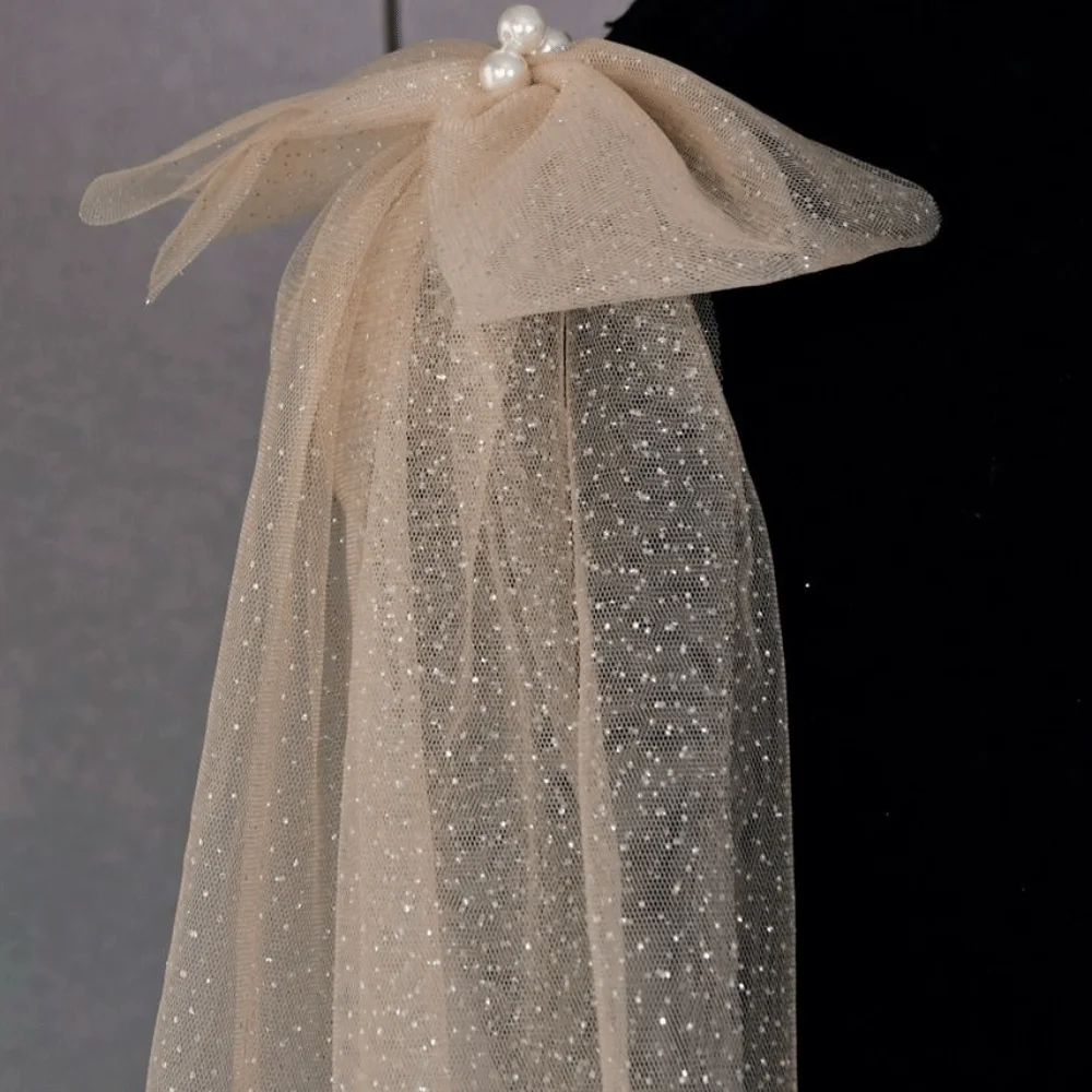1Pair Pleated Tulle Bride Wedding Dress Shawl Gold Gauze Shiny Bow Transparent Shawl Pearl Wedding Accessories