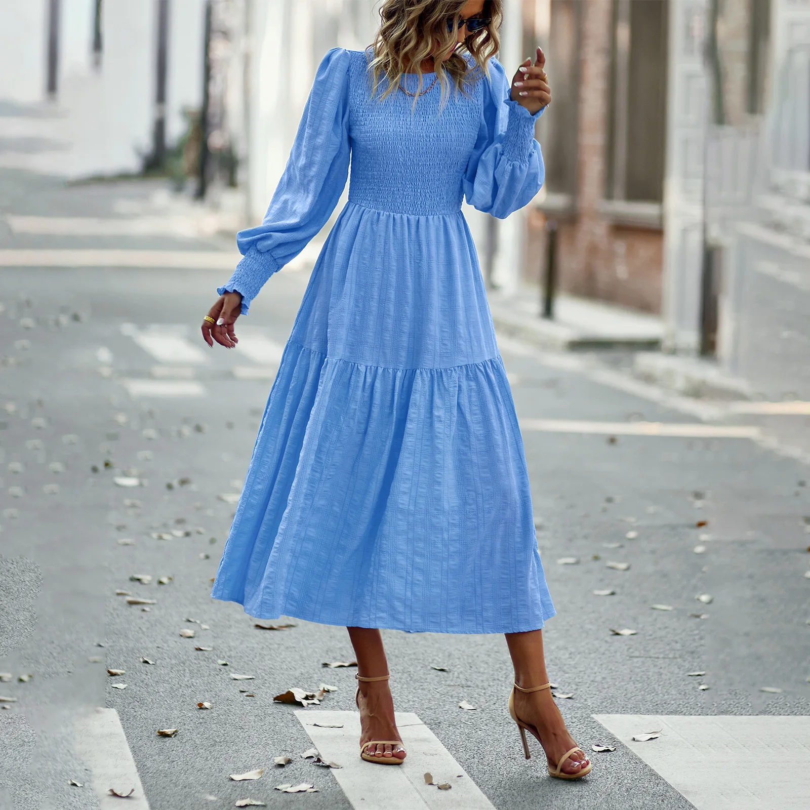 

Women's Crewneck Shirred Long Sleeve Ruffle Hem Flowy A Line Midi Dress