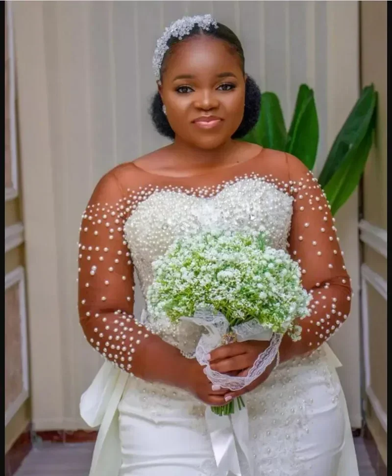 Robe de Mariée Sirène Personnalisée à Col Rond et Perles, avec Poignées, Traîne Amovible, Manches sulf, Grande Taille, pour Patients