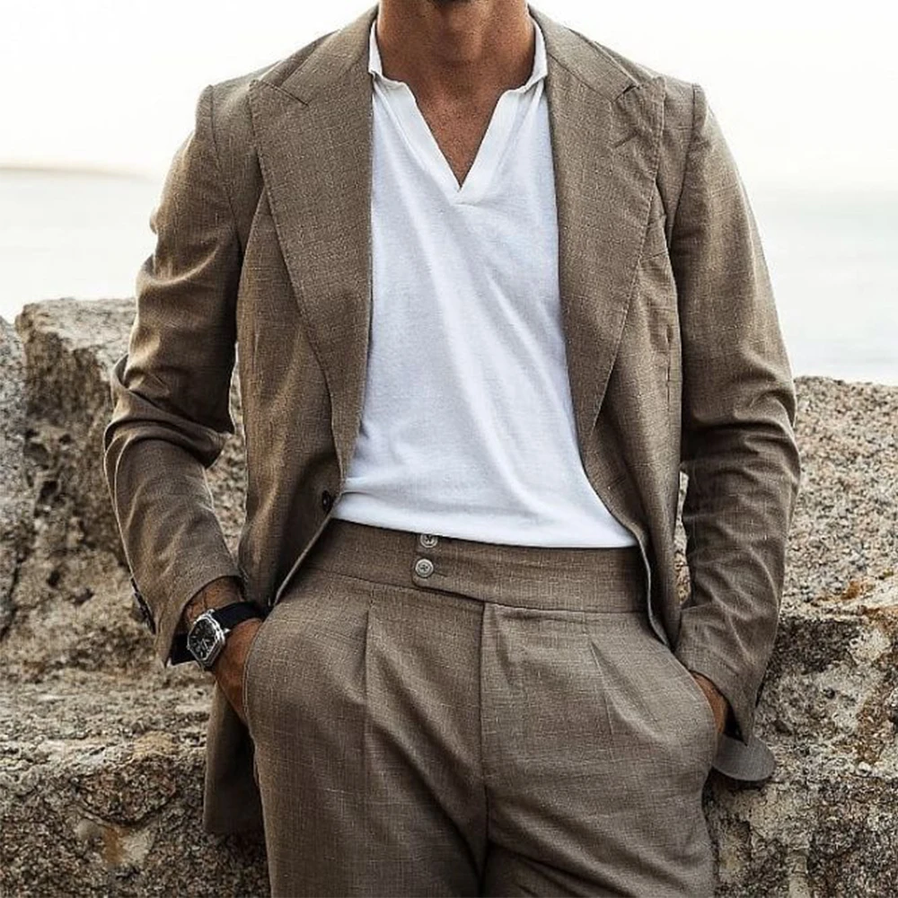 

Men Suit 2 Piece Set Cotton Linen Single Breasted Slim Fit Stylish Elegant Business Casual Suits Comfortable Office Work Blazer