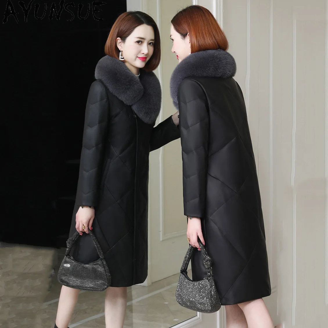 AYUNSUEของแท้หนังแจ็คเก็ตผู้หญิงฤดูหนาวเสื้อผ้า 2025 ยาวSheepskinลงเสื้อสําหรับผู้หญิงFox Fur Collar Jaqueta De Couro