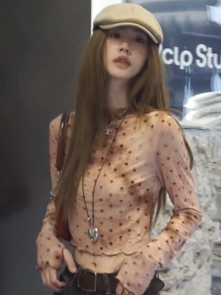 

Slim Fit Long Sve T-irt Women's Polka Dot Pink Street Sle Spring Summer New Small Cro Wood Ear Thin Top