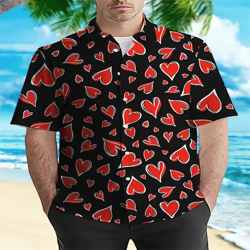 Hawaiian men's casual short-sleeved shirt with heart-shaped pattern print lapel shirt suitable for daily beach outings - Image 5