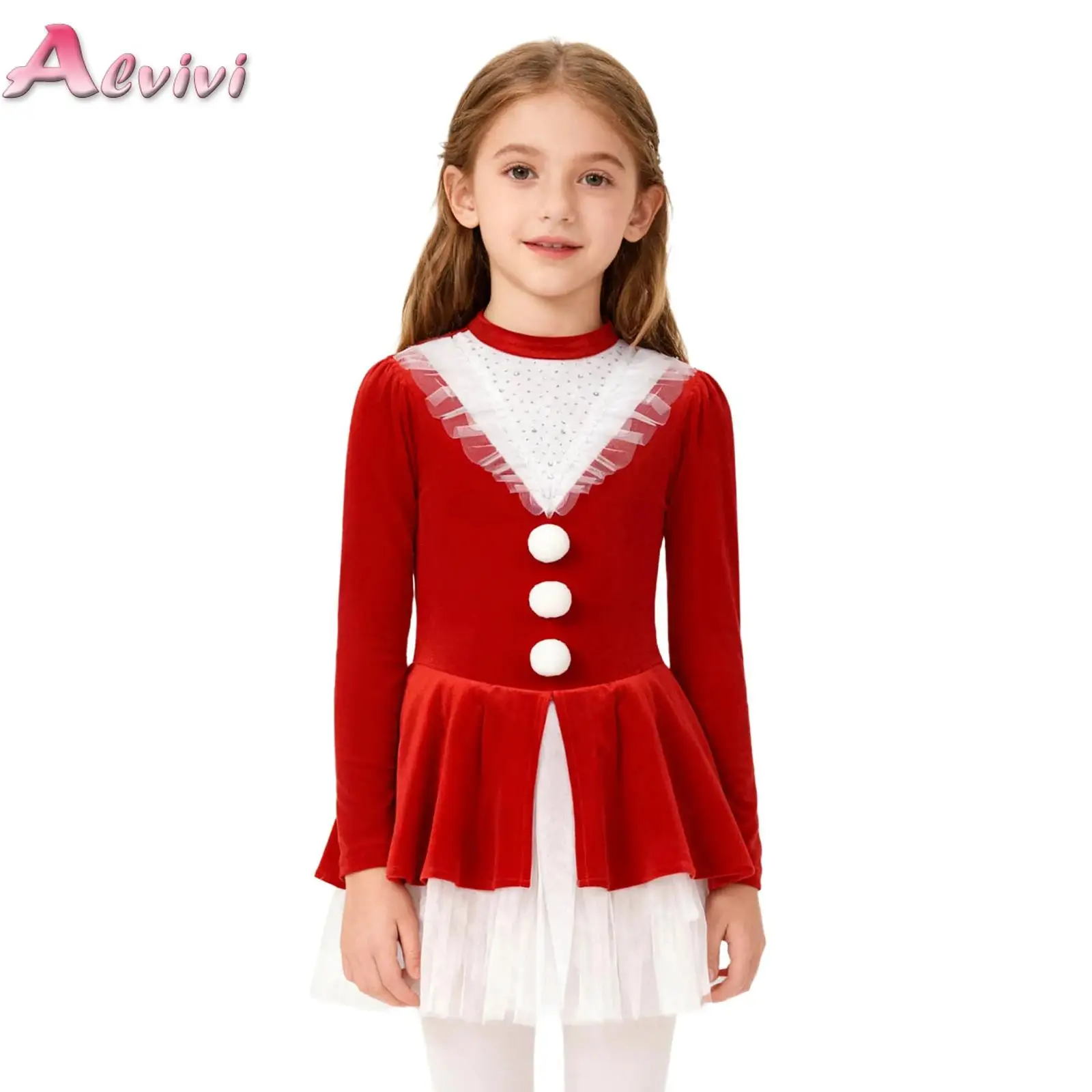 

Kids Girls Christmas Dance Dress Long Sleeve Rhinestones Dress Figure Ice Skating Tutu Dress Festival Party Performance Costume
