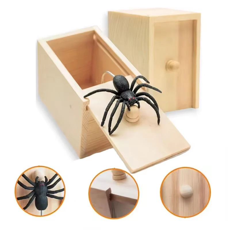 Wooden Spider in The Box Joke Prank Toys Scare Funny Toys Halloween Play Gift Surprising Trick Box for Adult Fool Party Props