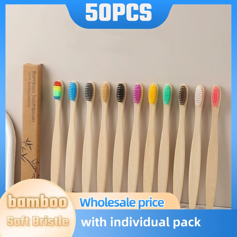 50 Pcs Bamboo Toothbrushes Bulk, Soft Bristle Manual Toothbrush,Individually Wrapped for Adults Travel Family Hotel Party