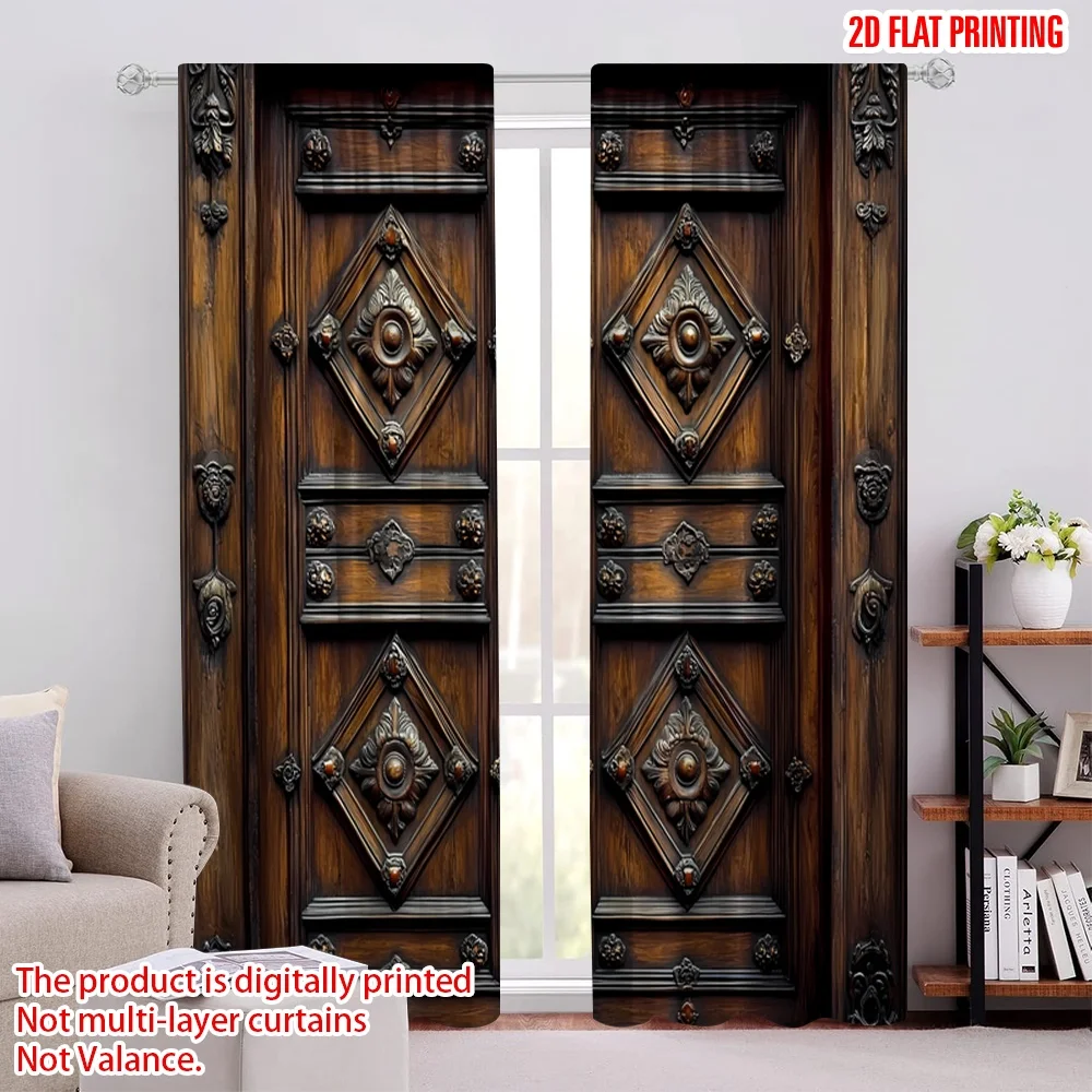 2pcs 2D flat printing Party Window Curtains wooden doors doors wooden panels doors Polyester Fabric Without Electricity Family