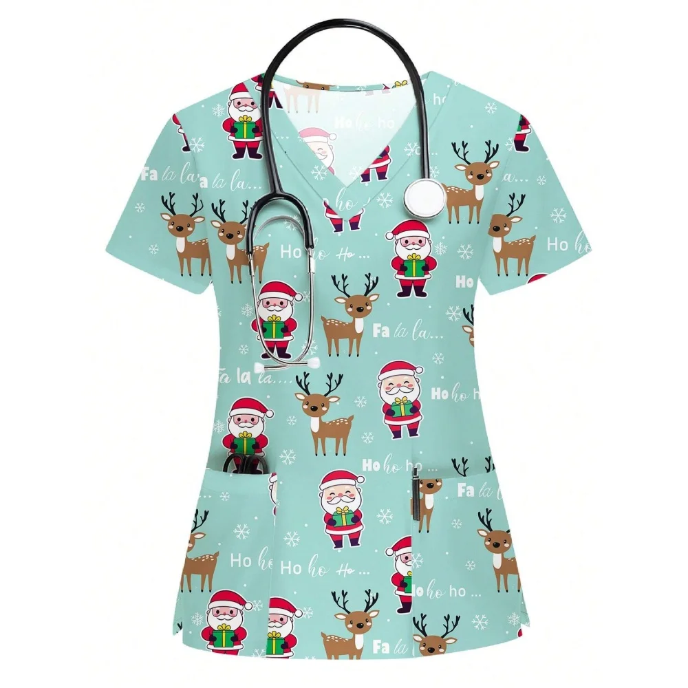 New Year 2026 Festival Short Sleeve Clinical Uniforms Women's Casual Minimalist All-Over Christmas Print Nurse Scrub Uniform Top