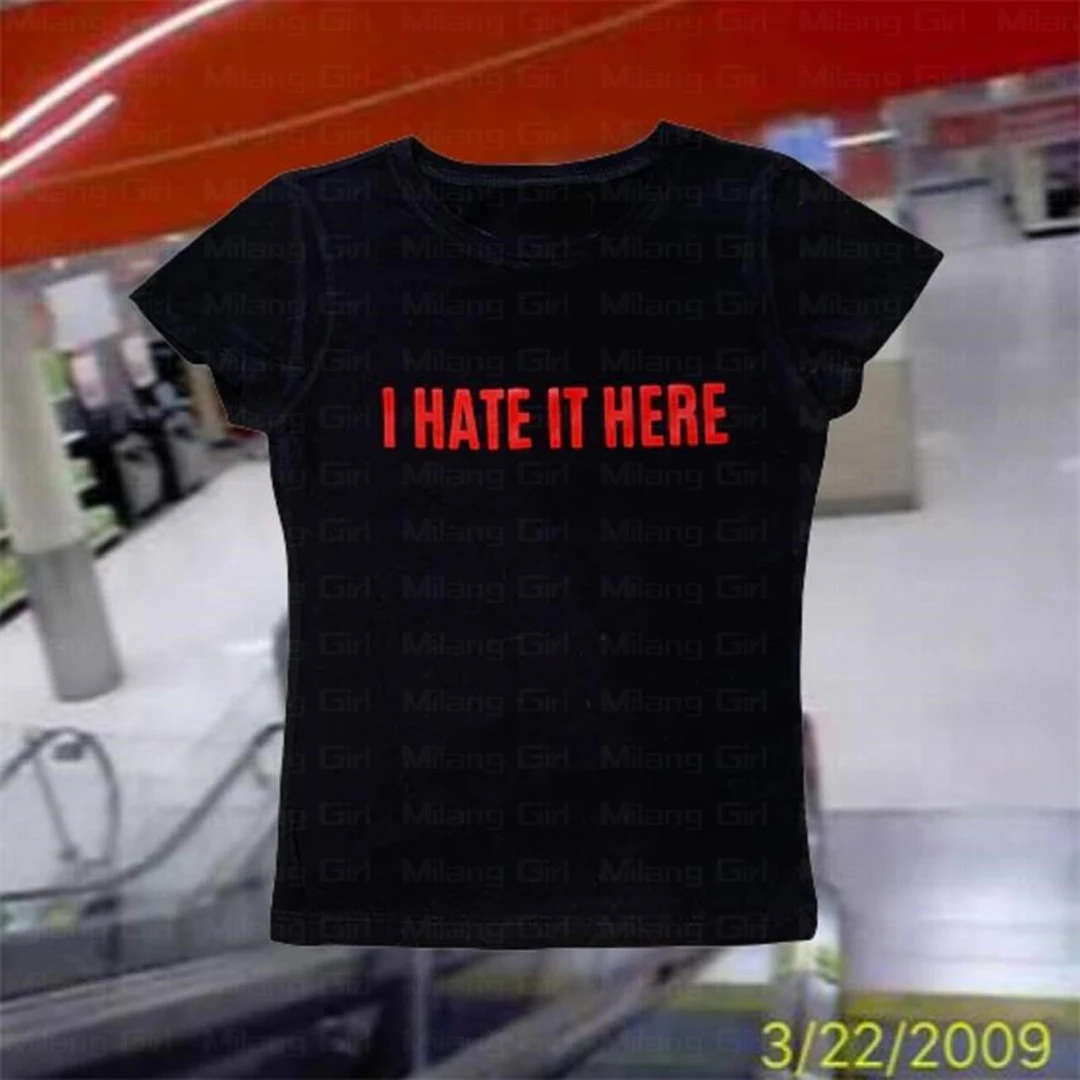 Cute 2000s Aesthetics Letter graphic EMO Baby Tees Y2K clothes Streetwear O-neck Short Sleeve Crop Top Women Fashion 2022 Slim