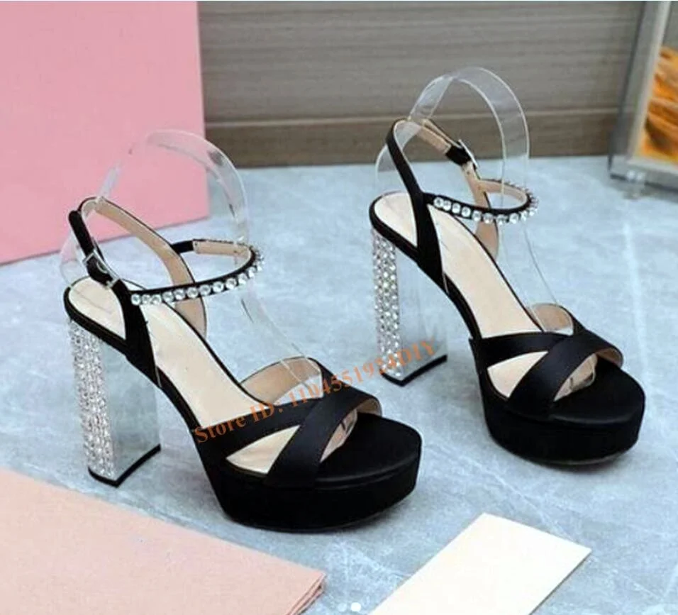 

Босоножки на массивном каблуке со стразами на толстой платформе, женские блестящие свадебные туфли на высоком каблуке с ремешком на щиколотке и кристаллами