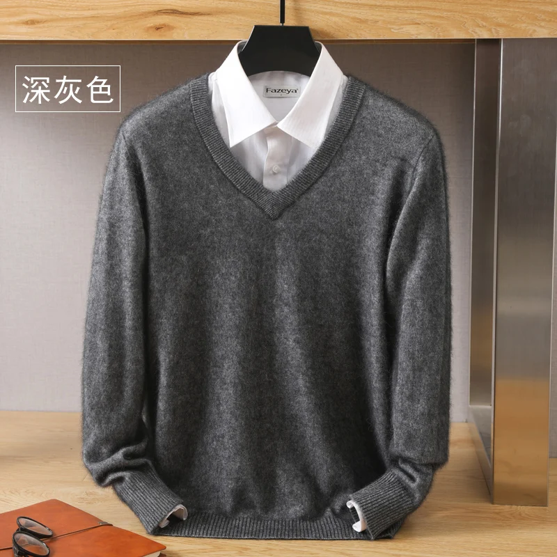 Autumn And Winter High-Quality Mink Wool Sweater Men Pullover Round Neck Long-Sleeved Bottom Knitted Cashmere V-Neck Large Loose