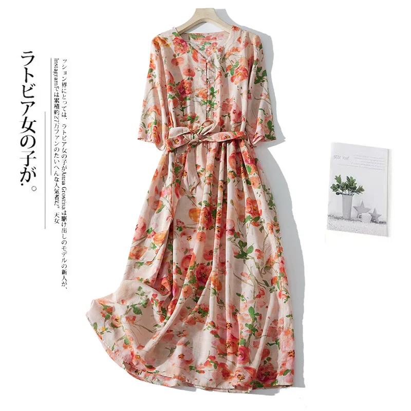 

Cotton and Linen Floral V-neck Half-sleeve Dress Women's Summer 2024 Korean Style Loose Lace-up Elegant Casual Dress Big Skirt