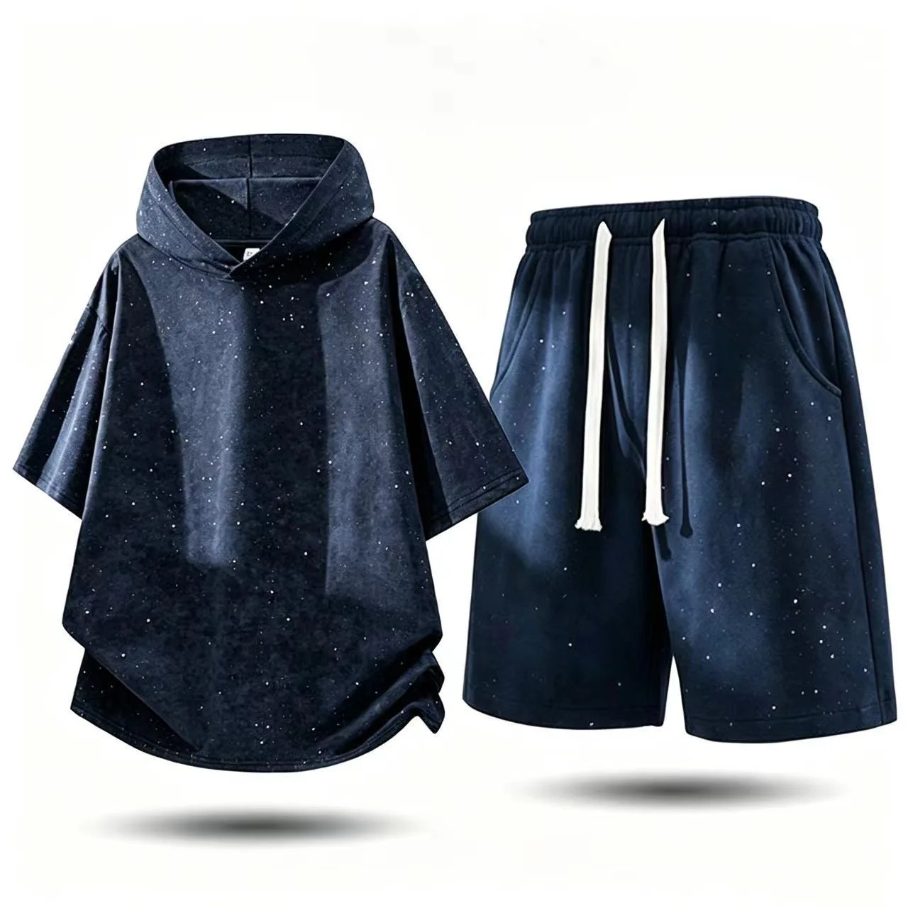 

Summer New Fashion Trendy American Sports Breathable Hooded T-shirt Set Men's Casual Loose Plus Size High Quality Two-Piece Set
