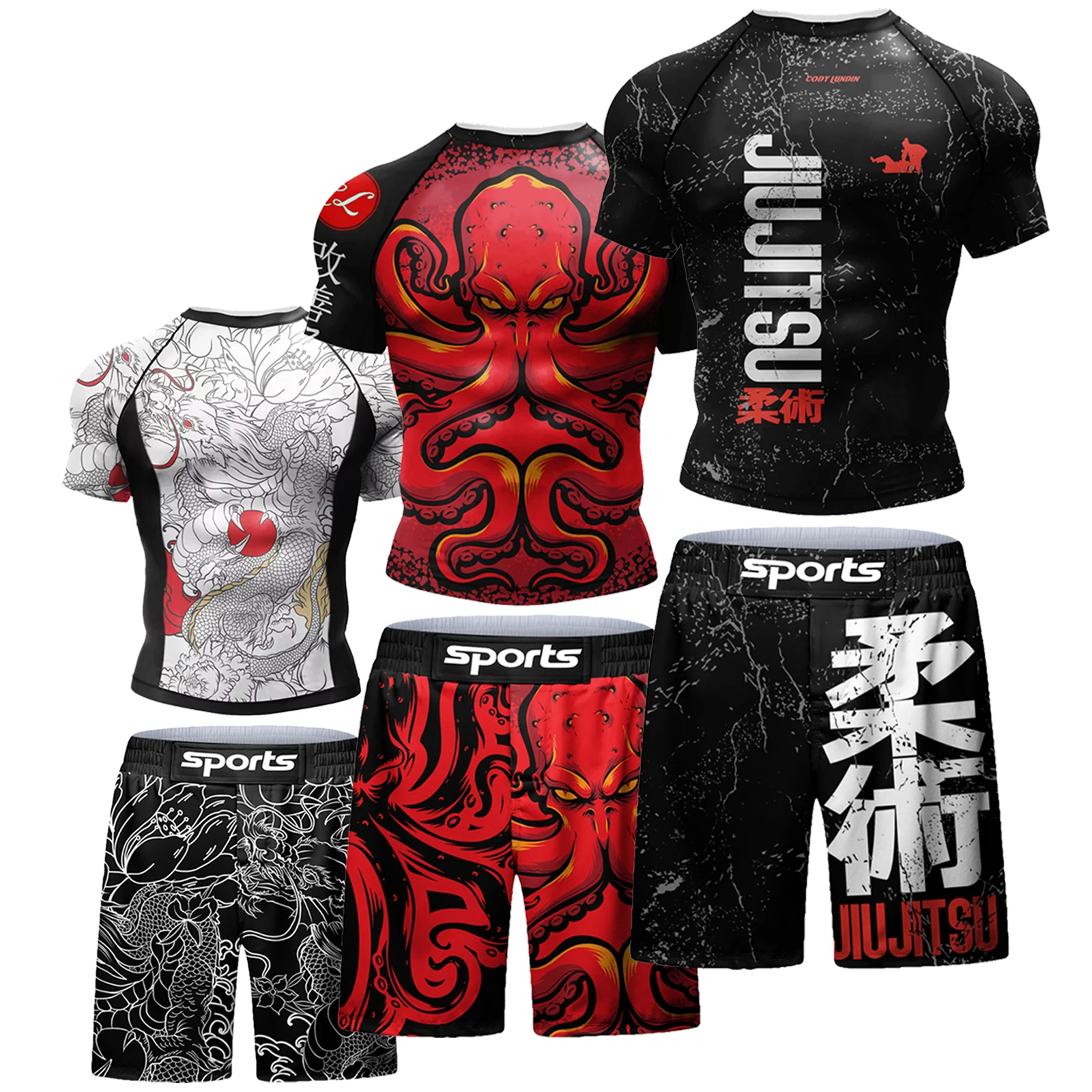 Men\'s Printed MMA BJJ Cross Training  Rash Guard Muay Thai Shorts Bjj Spat No Gi Set 2 in 1 Boxing Clothes Anti-uv Tracksuit