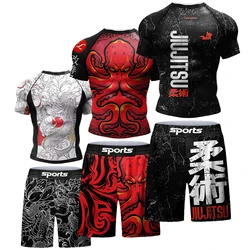 Men's Printed MMA BJJ Cross Training  Rash Guard Muay Thai Shorts Bjj Spat No Gi Set 2 in 1 Boxing Clothes Anti-uv Tracksuit