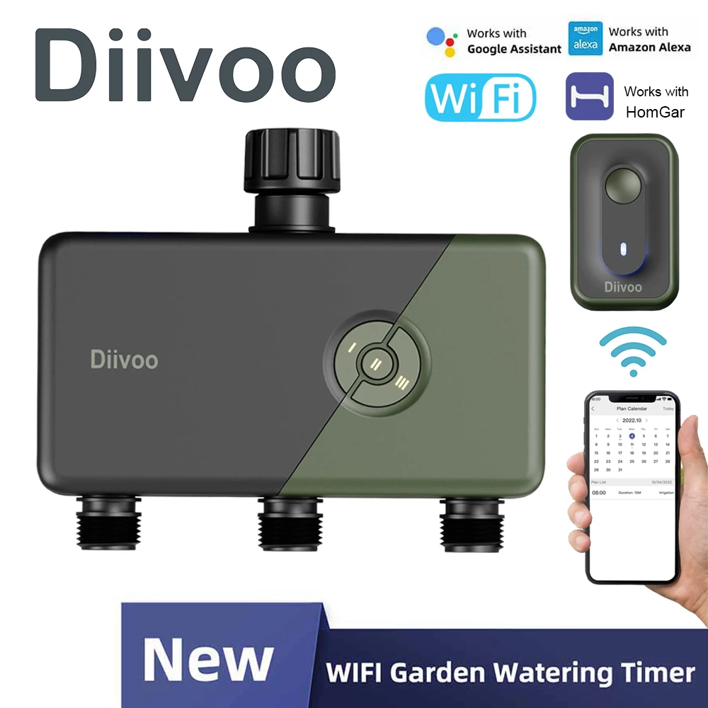 

Diivoo WiFi Garden Watering Timers 3 Zone Drip Irrigation Indoor/Outdoor Programmable Controller Automatic Valve Alexa Voice