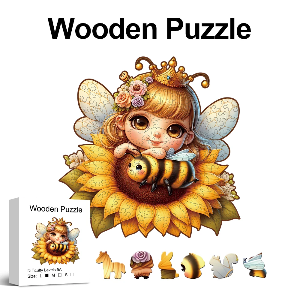 Sunflower Elf Wooden Puzzle for Adults, Unique Shaped Pieces, Exquisite Gift Box, Brain Exercise, Room Decor, Holiday Gifts