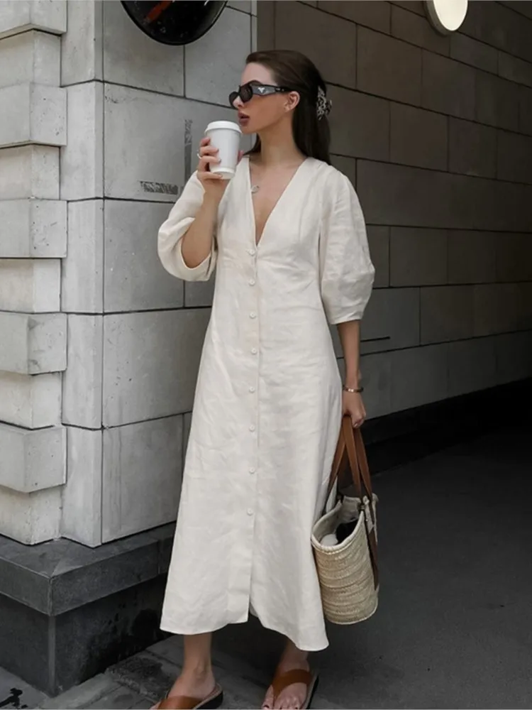 

Sexy Elegant Dresses For Women New Fashion 2025 New Autumn Casual Solid Color Cotton Linen Bubble Sleeve Dress Fashion Vestidos