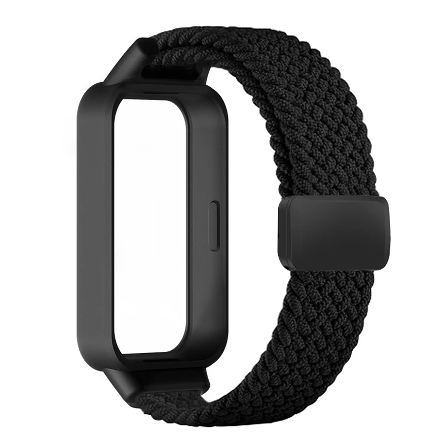 Magnetische gespsluiting hoesje + gevlochten nylon band voor Xiaomi Mi Band 9 Active riem sportarmband Correa + hoesje voor Redmi Band 3 band