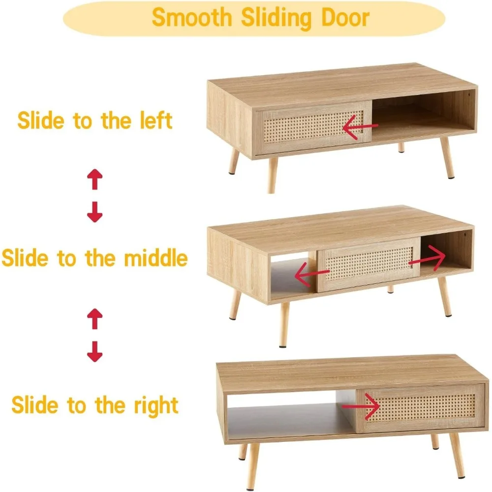 Mid-Century Modern Rattan Coffee Table with Sliding Doors and Open Storage for Living Room