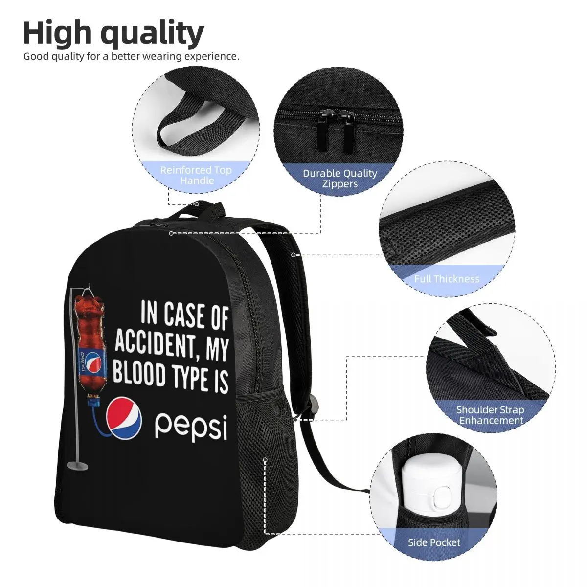 في حالة حادث بلدي نوع الدم هو -Pepsi حقيبة ظهر الطالب حقيبة مدرسية المشي لمسافات طويلة السفر Daypack الرجال النساء الكتب حقائب الكتف