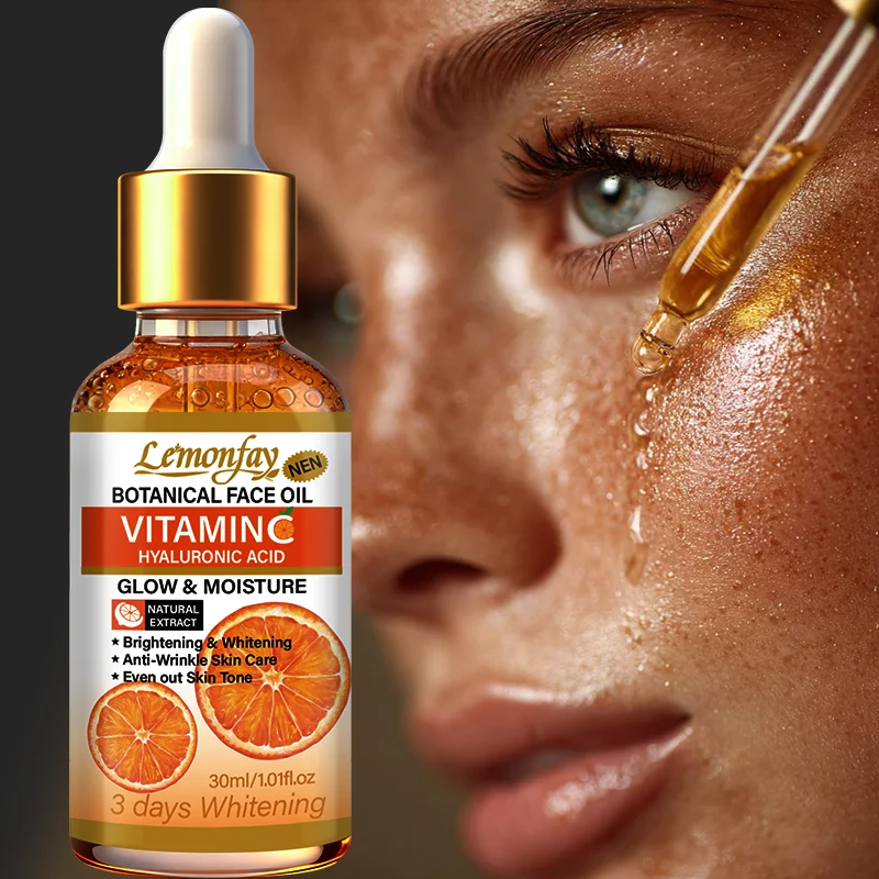 Óleo Facial Botânico de Vitamina C Lemonfay |   Com Ácido Hialurônico |   Creme Hidratante Iluminador Anti-Idade para Cuidados com a Pele 30ml