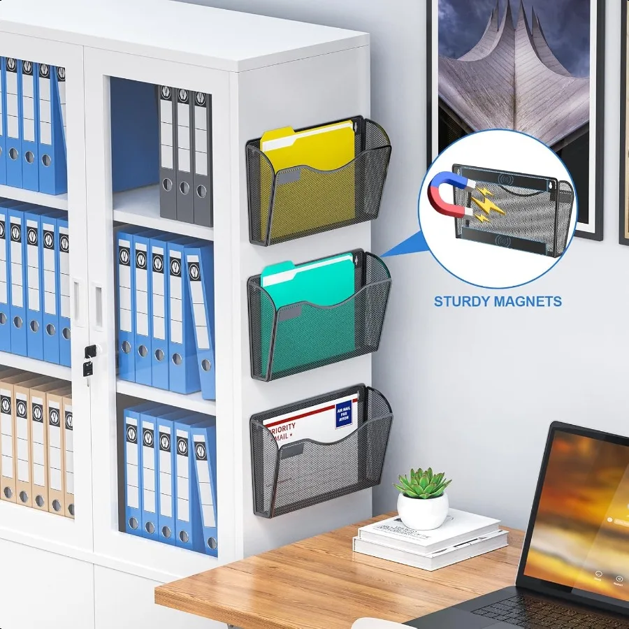 6 عبوات من حامل الملفات المغناطيسي الشبكي، منظم الملفات الجداري، منظم البريد، حامل مجلد الورق للمكتب والمنزل بدون حفر