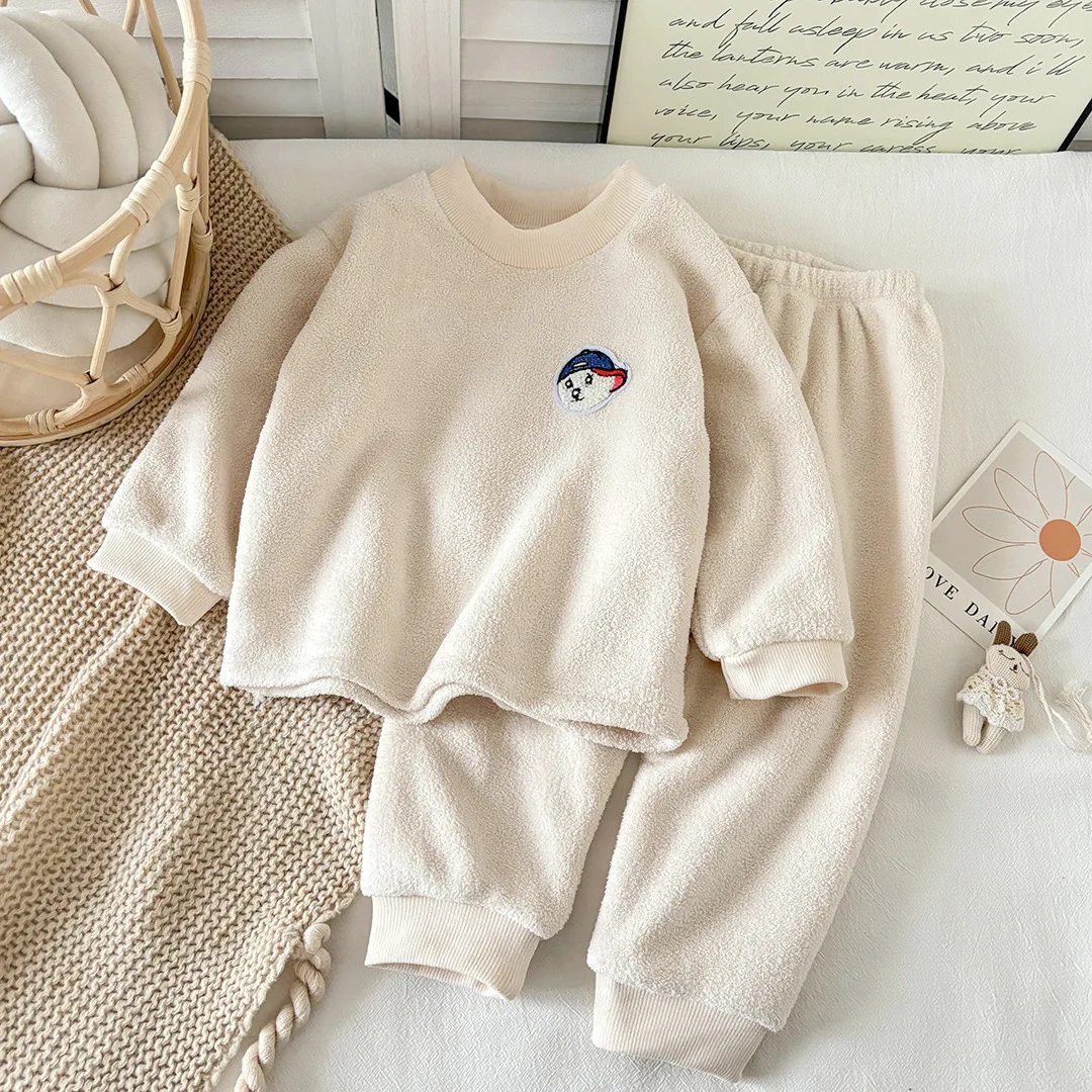 

Autumn and Winter New Plush Thick Children's Pajamas for Boys and Girls, Korean Version Double sided Plush Warm Pajama Set, Chil