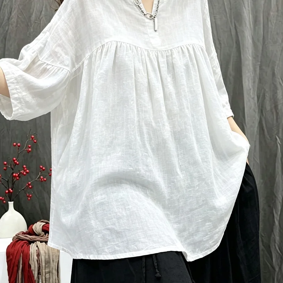 Pure White Hemp Doll Shirt Spring Summer Loose Casual Women's Top Large Flounce Seven Sleeve Cotton Thin Standard Fit