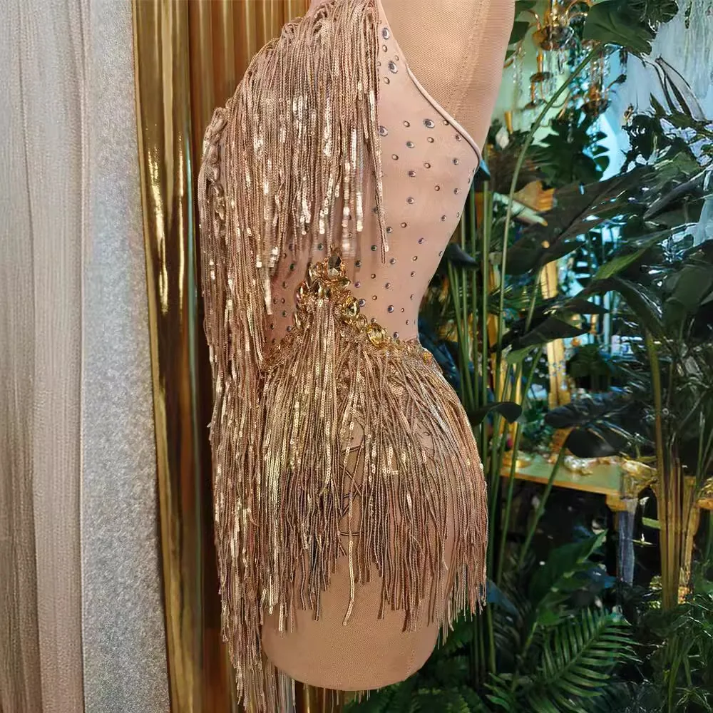 New Dance Sexy Shiny Stretch Sequined Tassel Jumpsuit Stage Costume Women Electronic Music Festival Performance