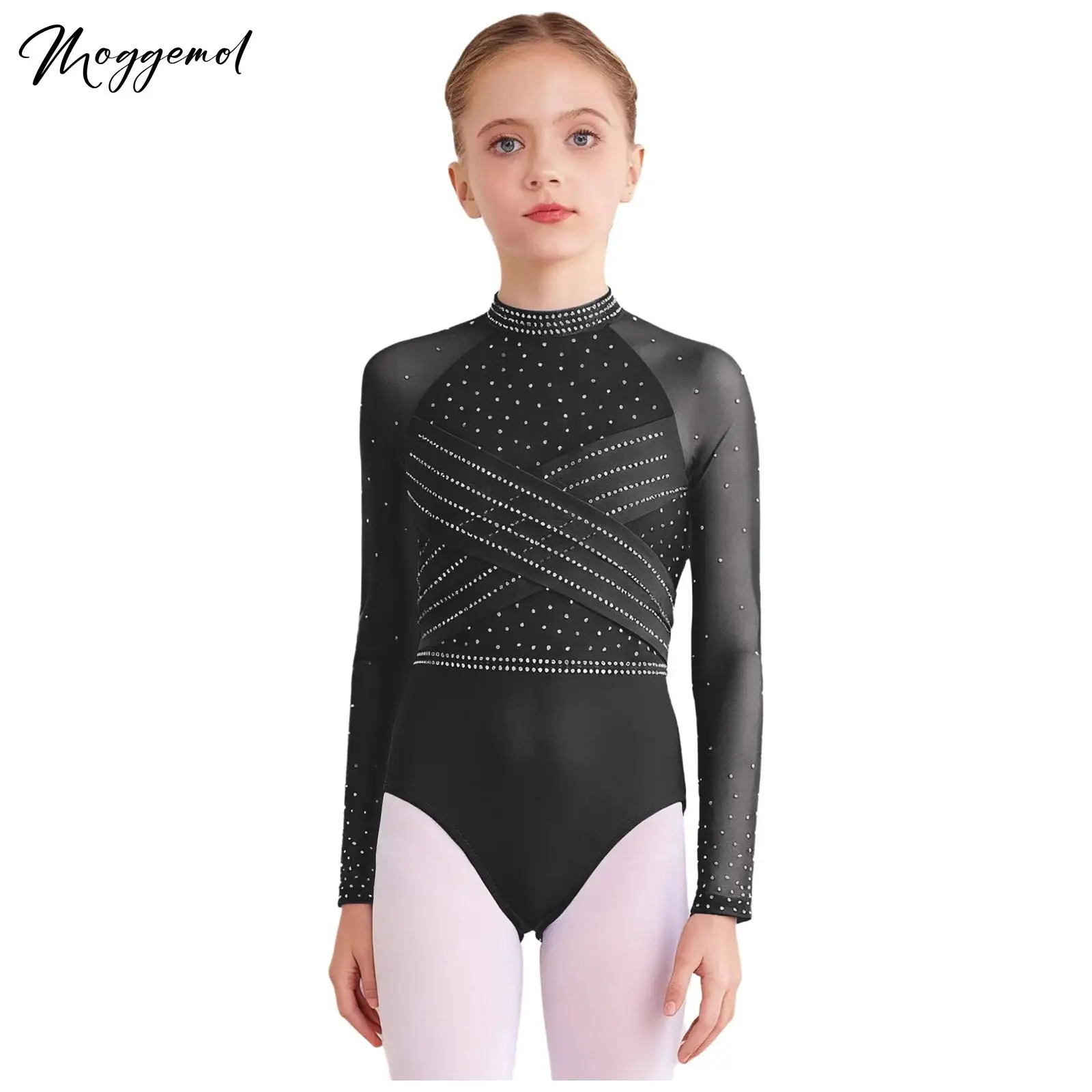 Leotardo de gimnasia con diamantes de imitación brillantes para niñas, traje de baile lírico de Ballet de patinaje artístico de manga larga de malla transparente