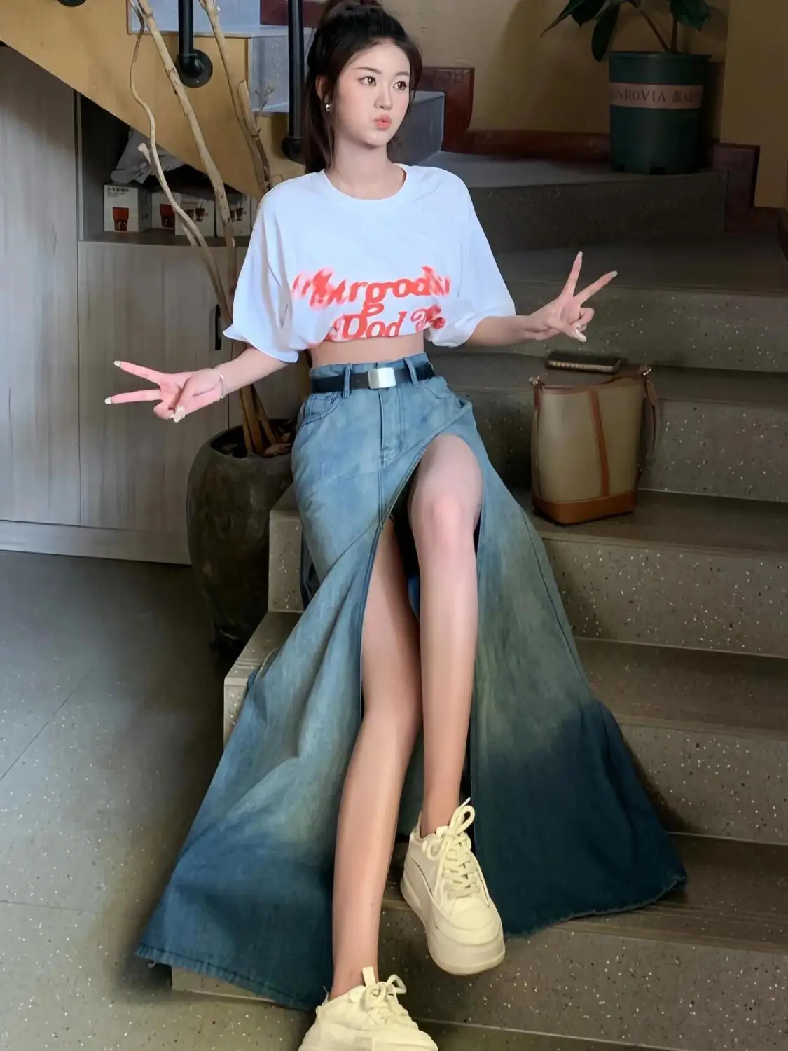 Fille changement progressif personnalité coréenne Denim jupe fendue été américain rétro irrégulière taille haute polyvalent moyen longues jupes