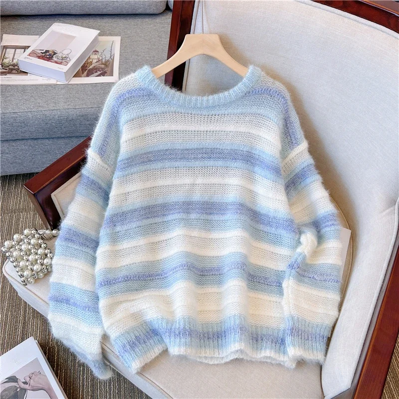 DAYIFUN-Women's Blue Striped Knitted Sweaters,Loose Round Neck Pullover Woman's Tops,Korean Autumn Versatile Ladies‘ Clothing