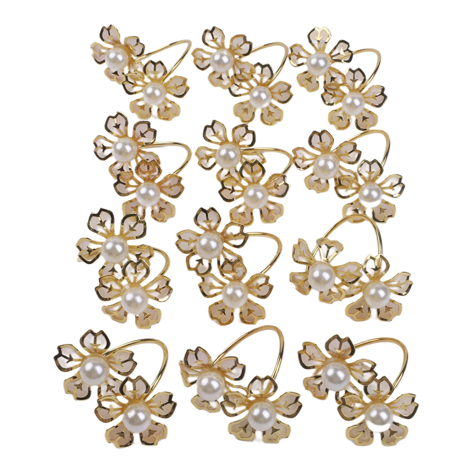 12Pcs Gold Pearl Floral Napkin Rings Metal Napkin Buckles For Wedding Banquet Table Setting Holiday Dinner Decor