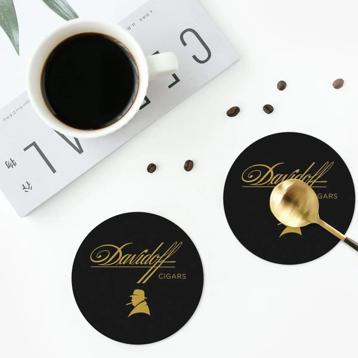 Posavasos Negros Davidoff, Manteles Individuales de Cuero PVC Antideslizantes, Tapetes para Café para el Hogar, Cocina, Comedor, Juego de 6