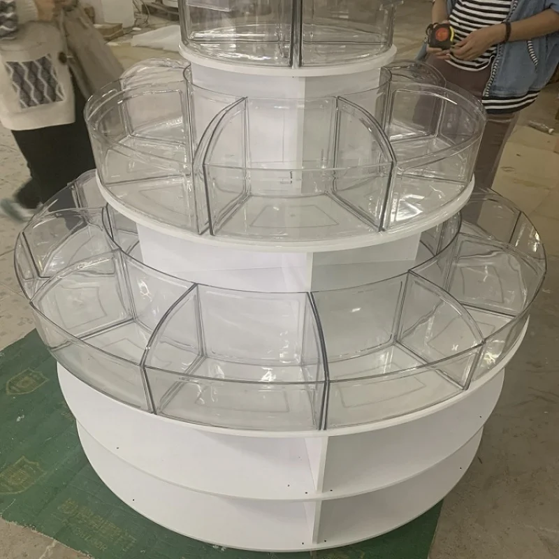 custom.Supermarket Island Display Shelf Round Rack with PET Bins Candy Snacks Sales Design and Custom Whole Shop Fur