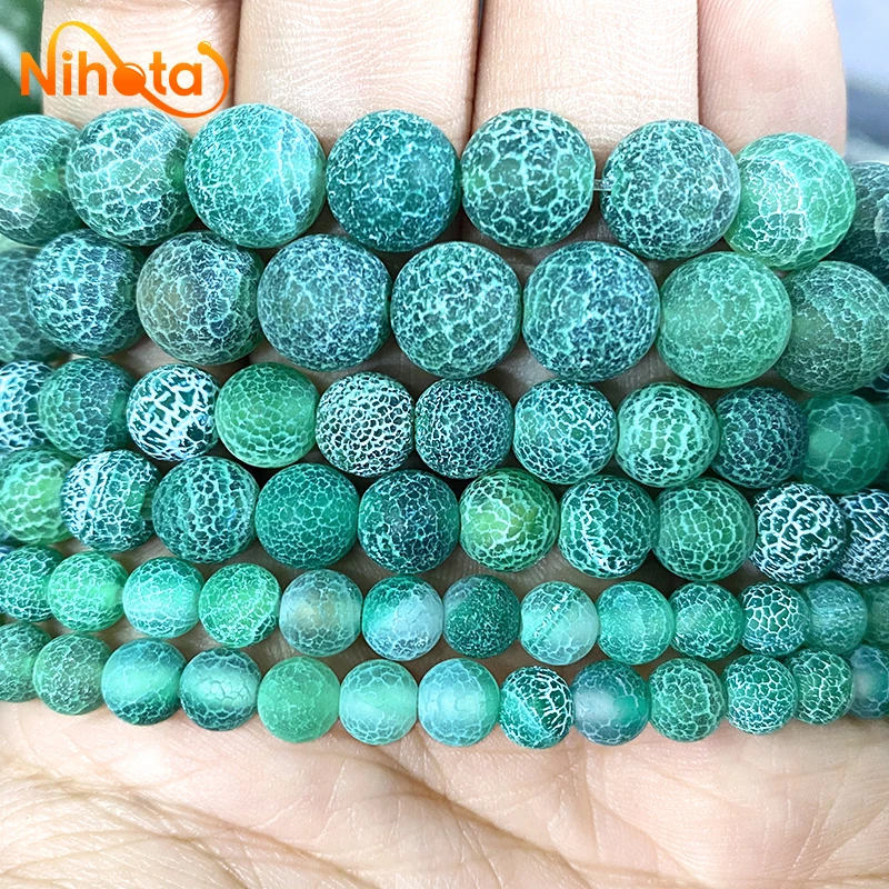 Natural Geada Caranguejo Verde Rachado Ágatas Rodada Beads Diy Pulseira Brincos Acessórios 15 \