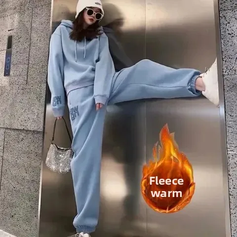 طقم رياضي نسائي سميك مبطن بالصوف فضفاض مناسب كاجوال مكون من قطعتين للخريف والشتاء على الطراز الكوري مريح