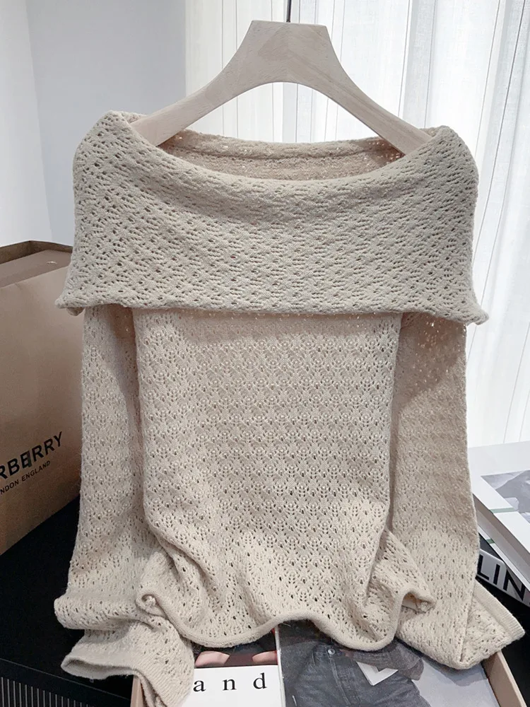 

2025Autumn New Sweet Temperament Off-Shoulder Pullover Sweater Atmosphere Wear Elegant Hollow Out Beautiful Chic Knitted Sweater