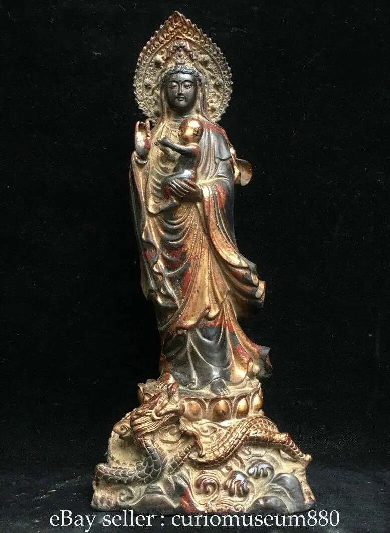 

12 inch Old Chinese Buddhist Qianlong Marker Purple Bronze Guanyin Guanyin Statue -