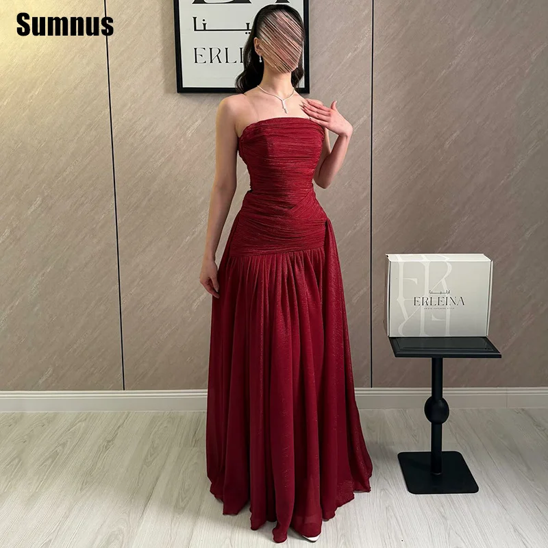 

Вечерние платья Sumnus Simple A-Line, бордовые, из шифона, с плиссировкой, без бретелек, без рукавов, драпированные, на заказ