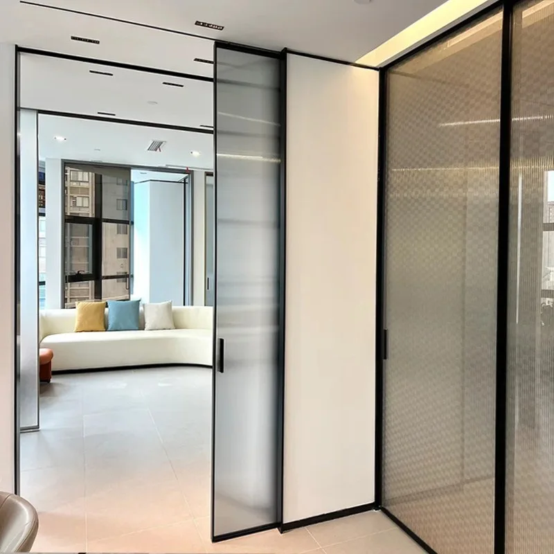 Minimalist pocket door embedded sliding door hanging rail folding door sliding  aluminum wood indoor kitchen bathroom electric
