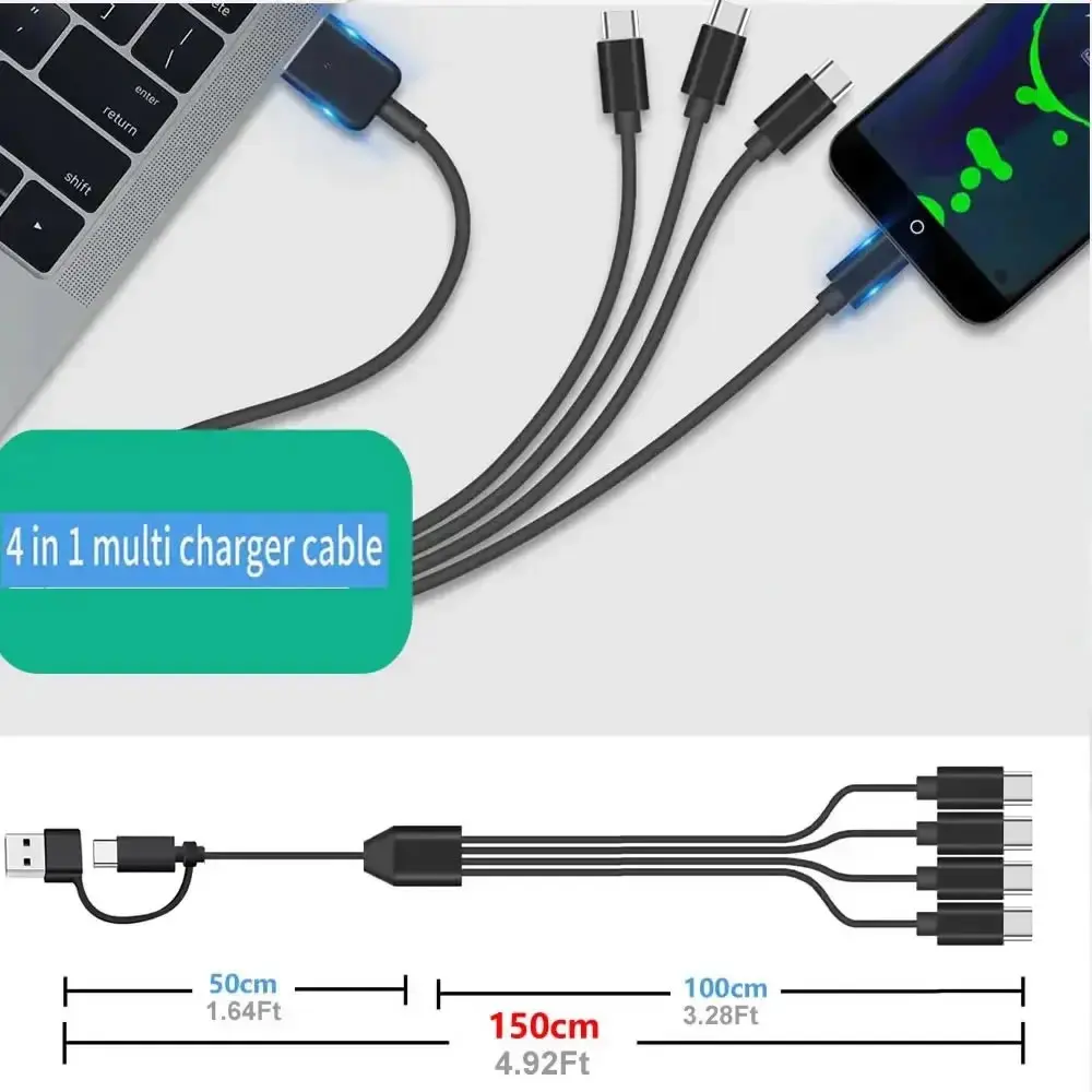 كابل شحن متعدد مقسم USB C، سلك شحن USB A/C إلى النوع C، مع 4 موصلات من النوع C للهواتف المحمولة والأجهزة اللوحية والمزيد